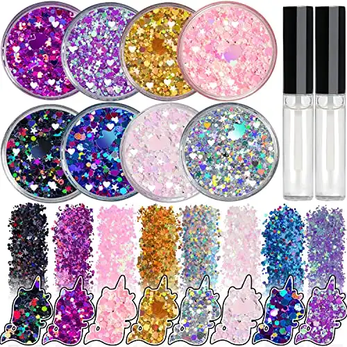 8 Jars of Cosmetic Chunky Glitter Shimmer Body Face Hair Eye Musical Festival Carnival Dance Halloween Party Beauty Makeup Temporary Tattoos Multicolored (80g/2.82oz) + Quick Dry Glitter Glue(10ml)